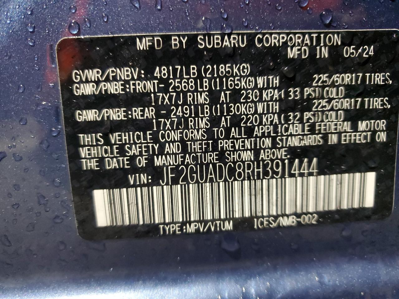 2024 SUBARU CROSSTREK PREMIUM VIN:JF2GUADC8RH391444