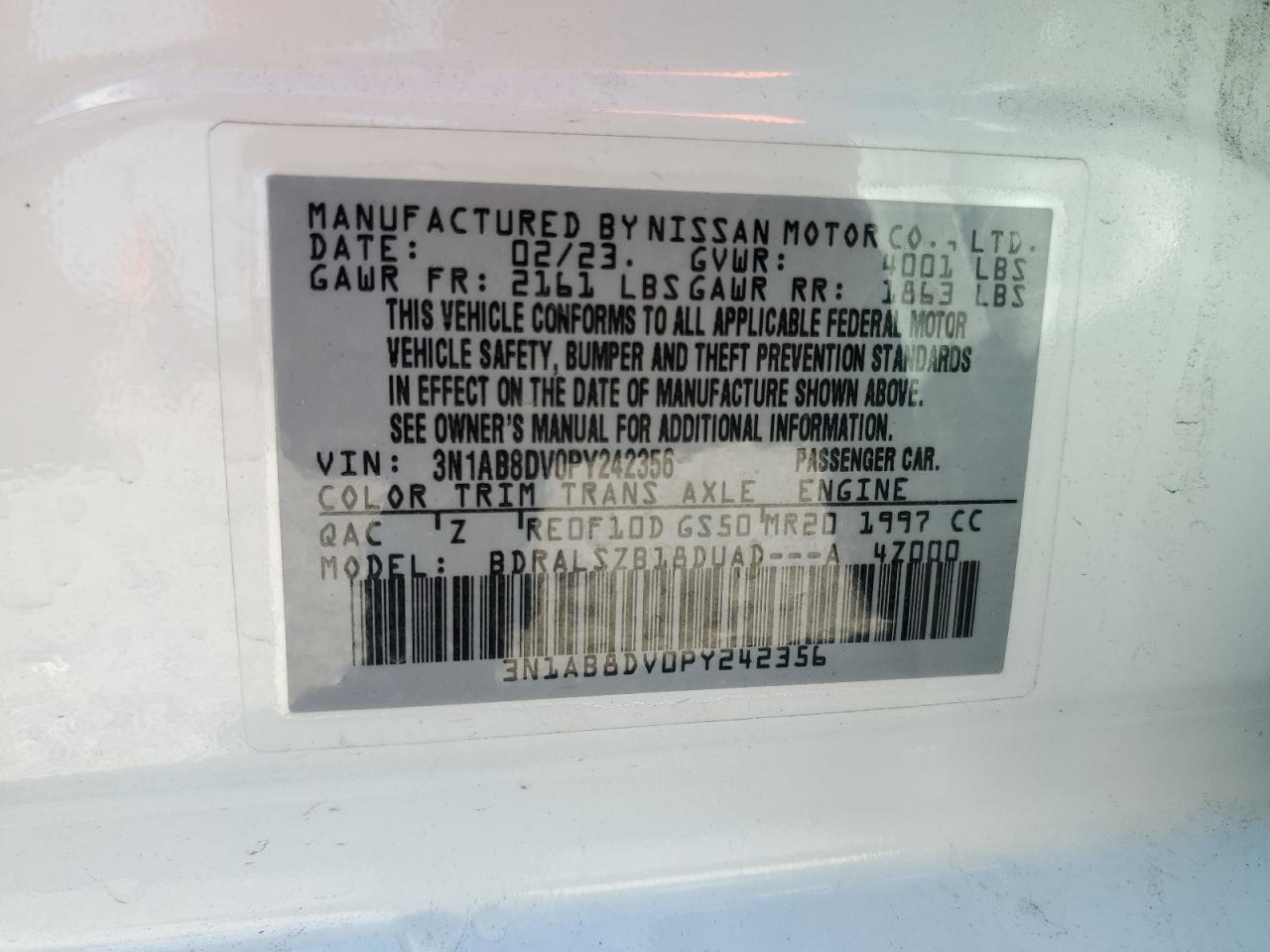 2023 NISSAN SENTRA SR VIN:3N1AB8DV0PY242356
