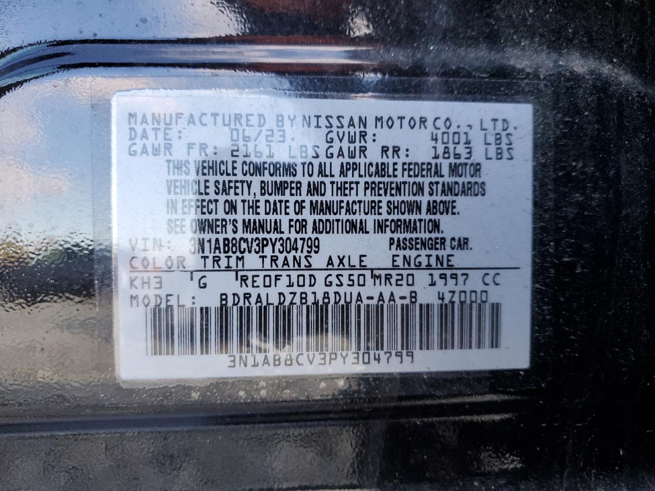 2023 NISSAN SENTRA SV VIN:3N1AB8CV3PY304799