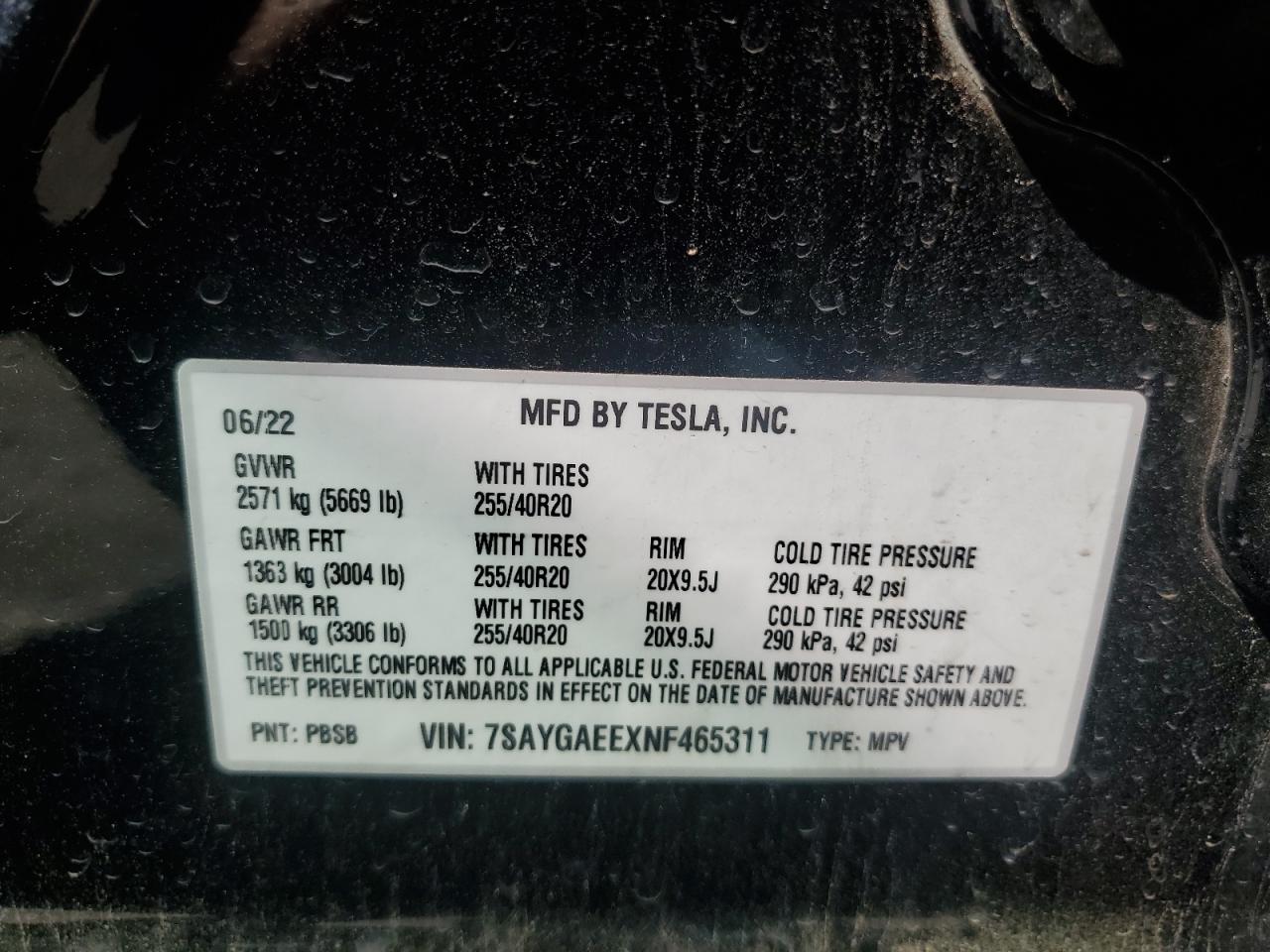 2022 TESLA MODEL Y  VIN:7SAYGAEEXNF465311