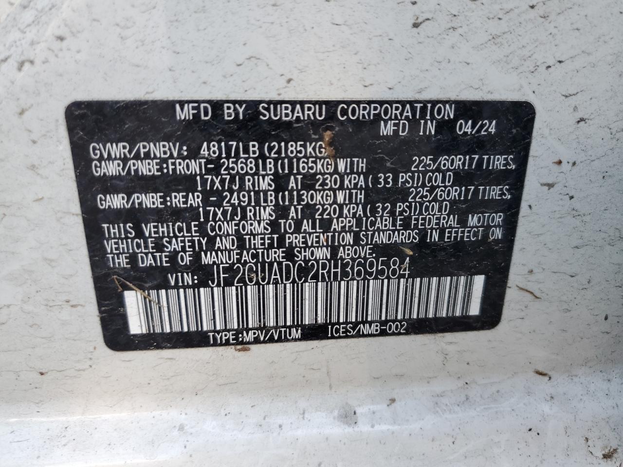 2024 SUBARU CROSSTREK PREMIUM VIN:JF2GUADC2RH369584