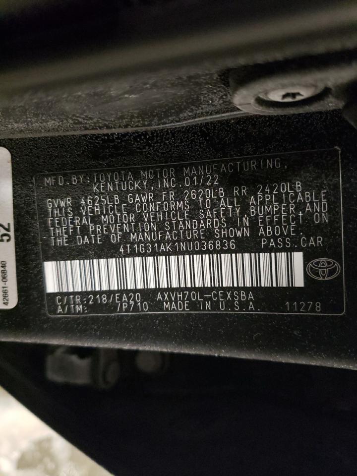 2022 TOYOTA CAMRY NIGHT SHADE VIN:4T1G31AK1NU036836