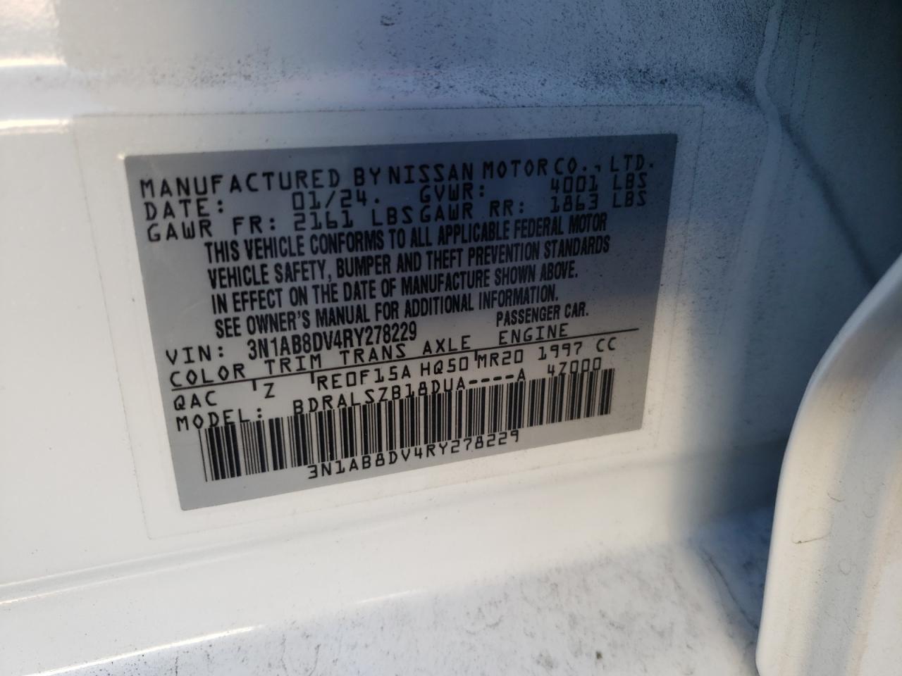 2024 NISSAN SENTRA SR VIN:3N1AB8DV4RY278229