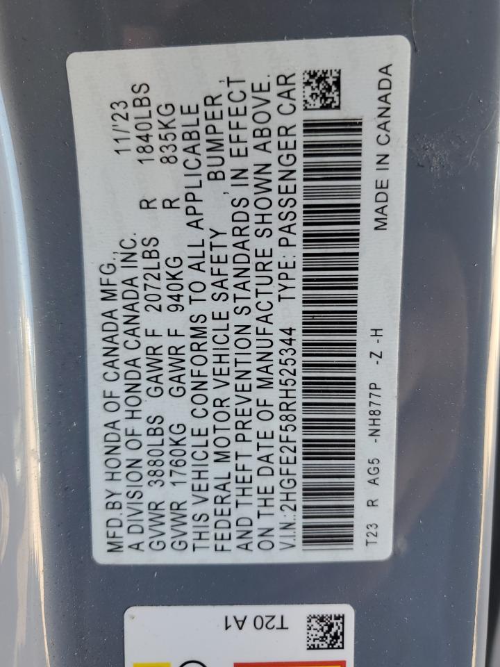 2024 HONDA CIVIC SPORT VIN:2HGFE2F58RH525344