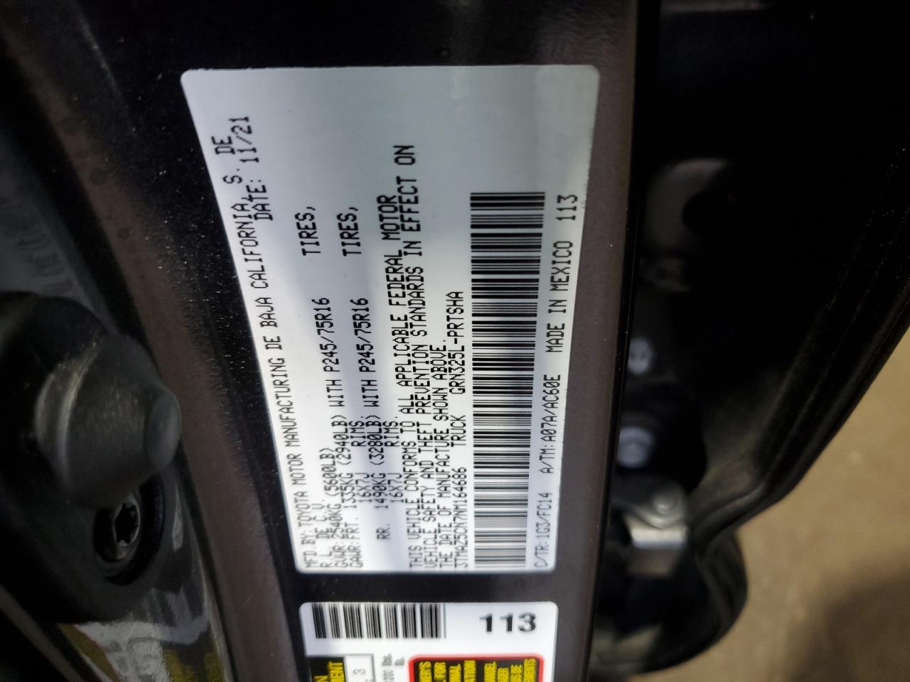 2022 TOYOTA TACOMA DOUBLE CAB VIN:3TMAZ5CN7NM164686