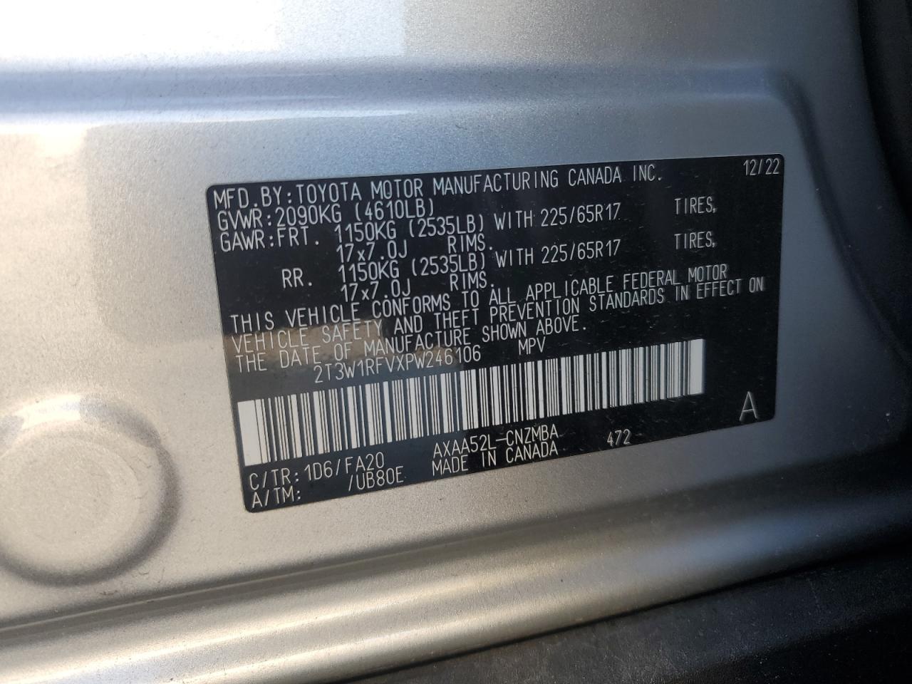 2023 TOYOTA RAV4 XLE VIN:2T3W1RFVXPW246106