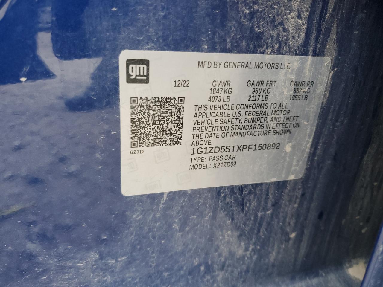 2023 CHEVROLET MALIBU LT VIN:1G1ZD5STXPF150892