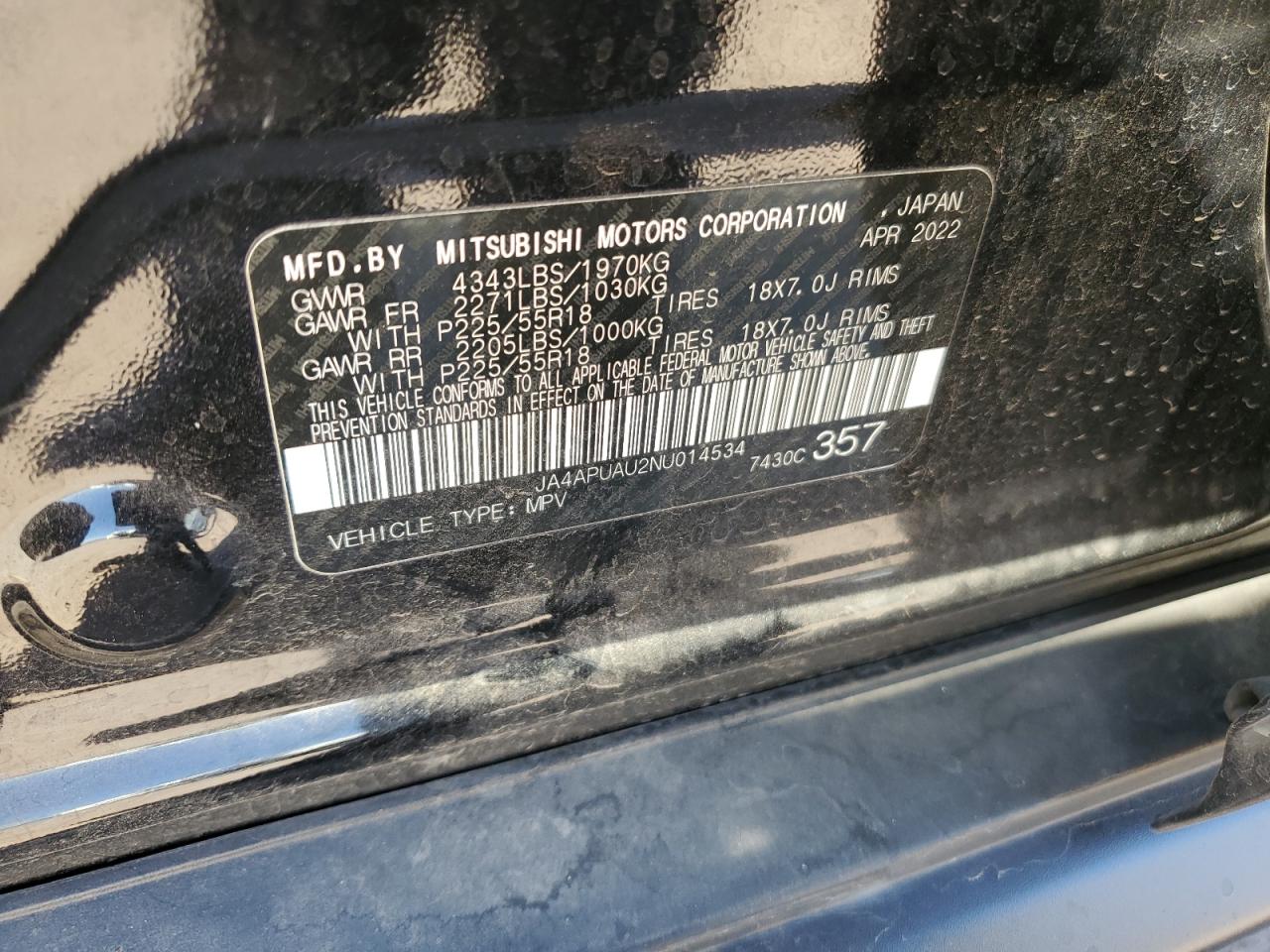 2022 MITSUBISHI OUTLANDER SPORT ES VIN:JA4APUAU2NU014534