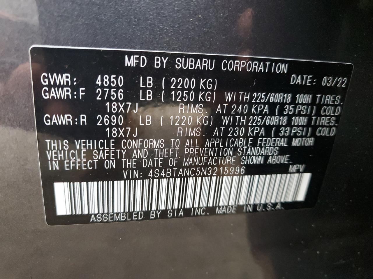 2022 SUBARU OUTBACK LIMITED VIN:4S4BTANC5N3215996