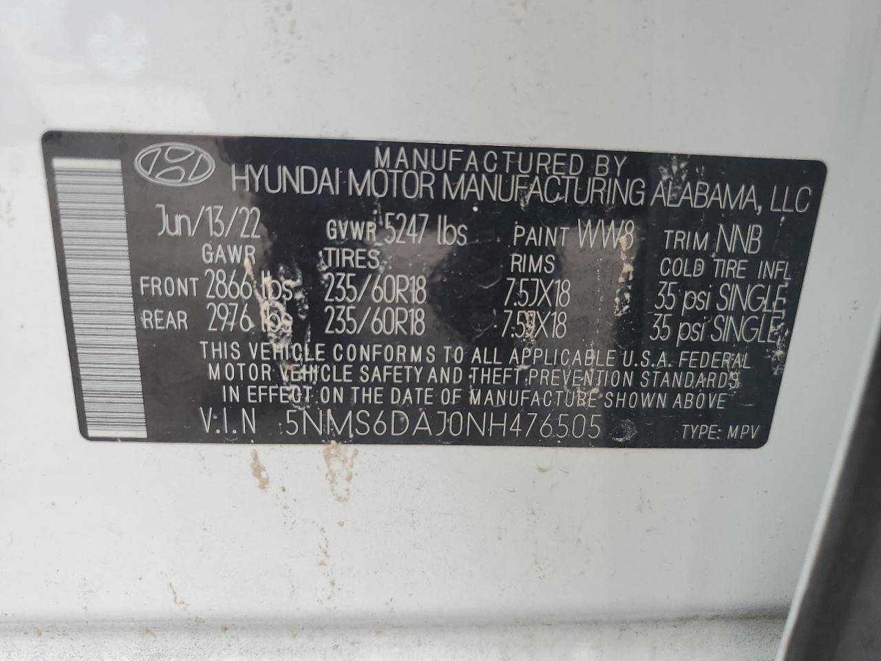 2022 HYUNDAI SANTA FE SEL VIN:5NMS6DAJ0NH476505