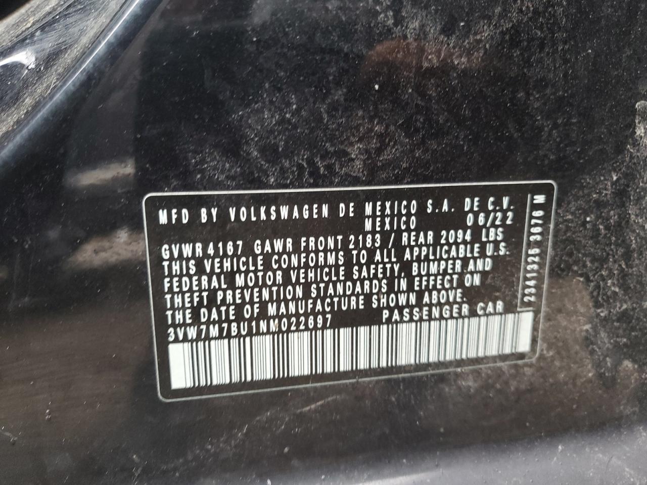 2022 VOLKSWAGEN JETTA SE VIN:3VW7M7BU1NM022697