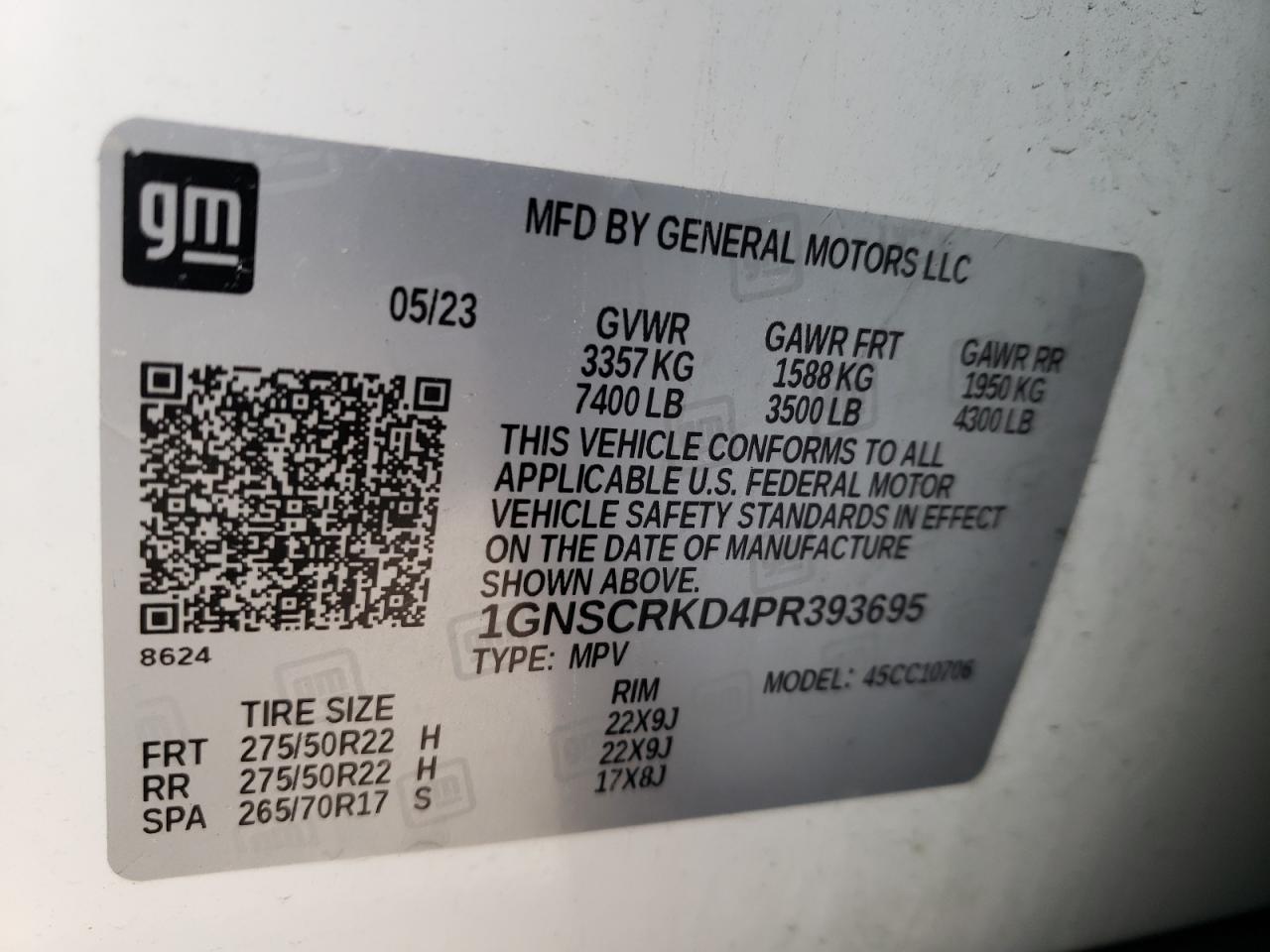 2023 CHEVROLET TAHOE C1500 RST VIN:1GNSCRKD4PR393695