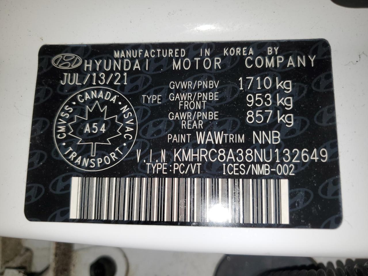 2022 HYUNDAI VENUE SEL VIN:KMHRC8A38NU132649
