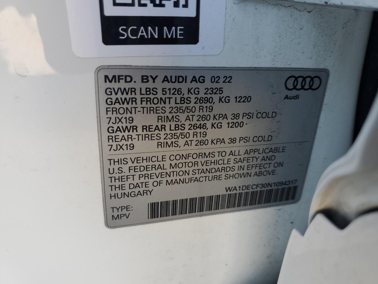 2022 AUDI Q3 PREMIUM S LINE 45 VIN:WA1DECF30N1094317