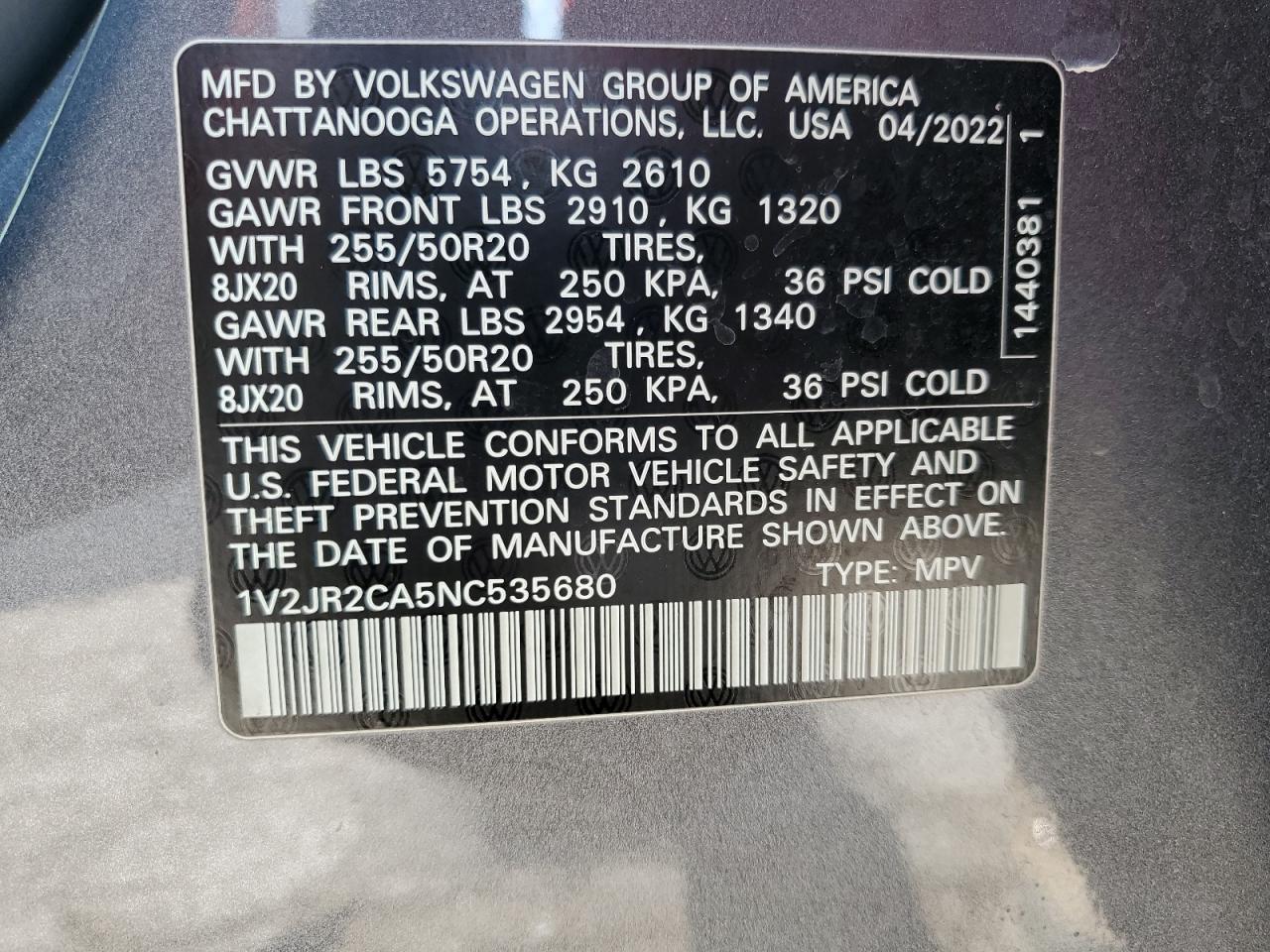 2022 VOLKSWAGEN ATLAS SE VIN:1V2JR2CA5NC535680