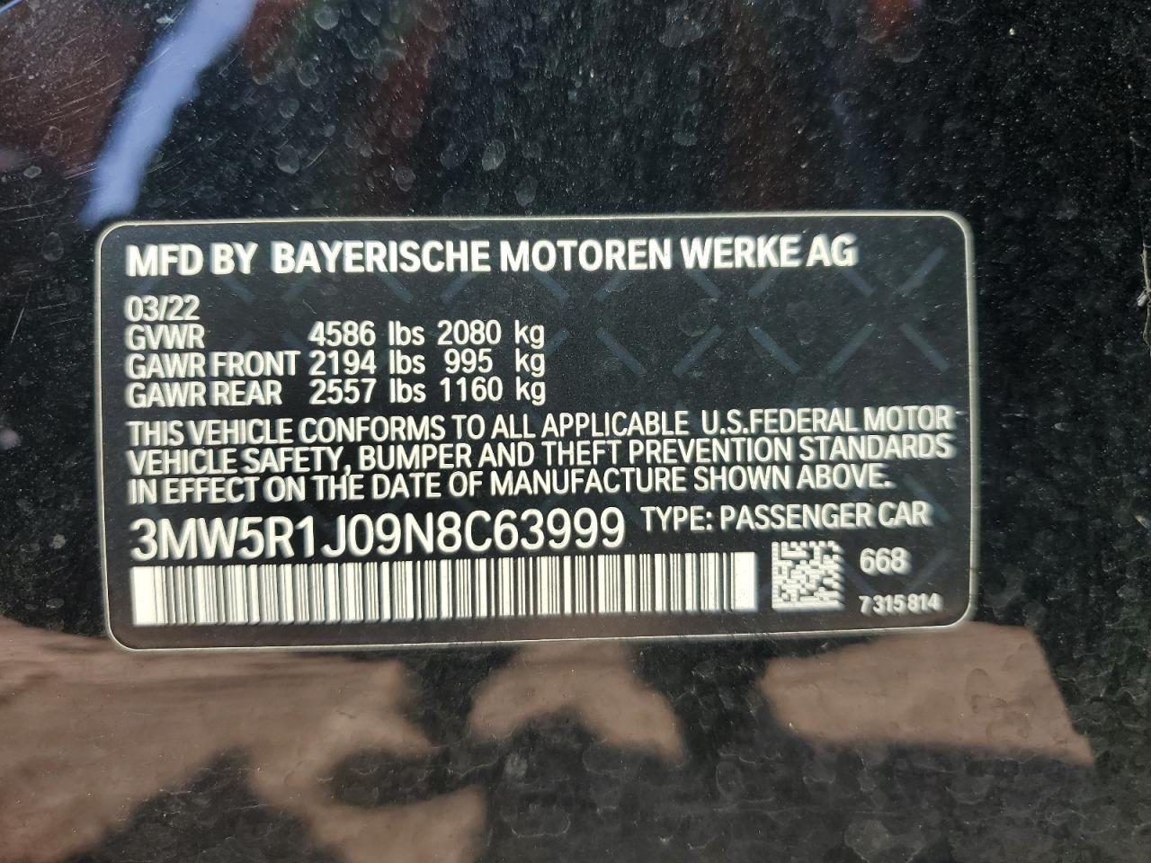2022 BMW 330I  VIN:3MW5R1J09N8C63999