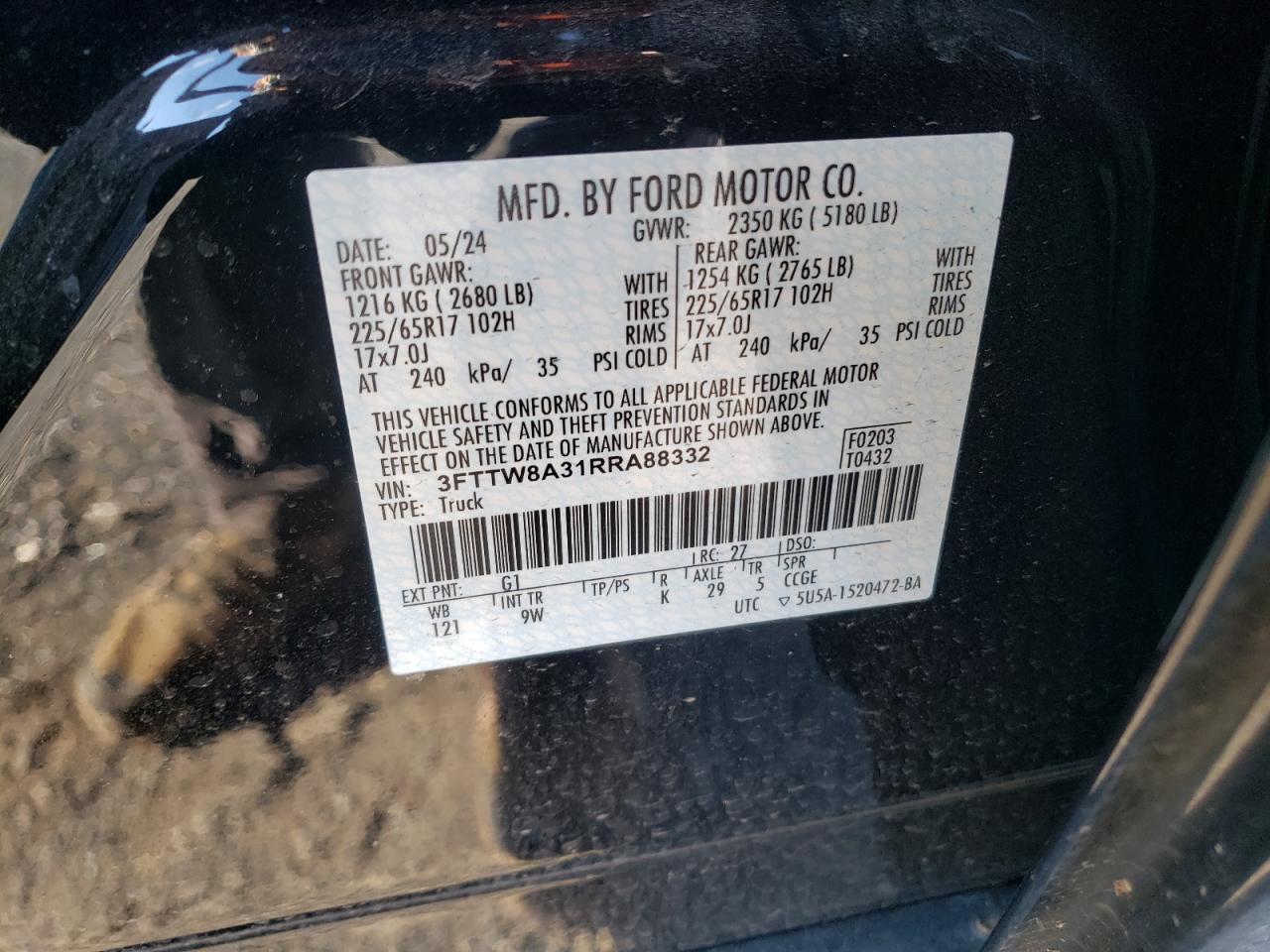 2024 FORD MAVERICK XL VIN:3FTTW8A31RRA88332