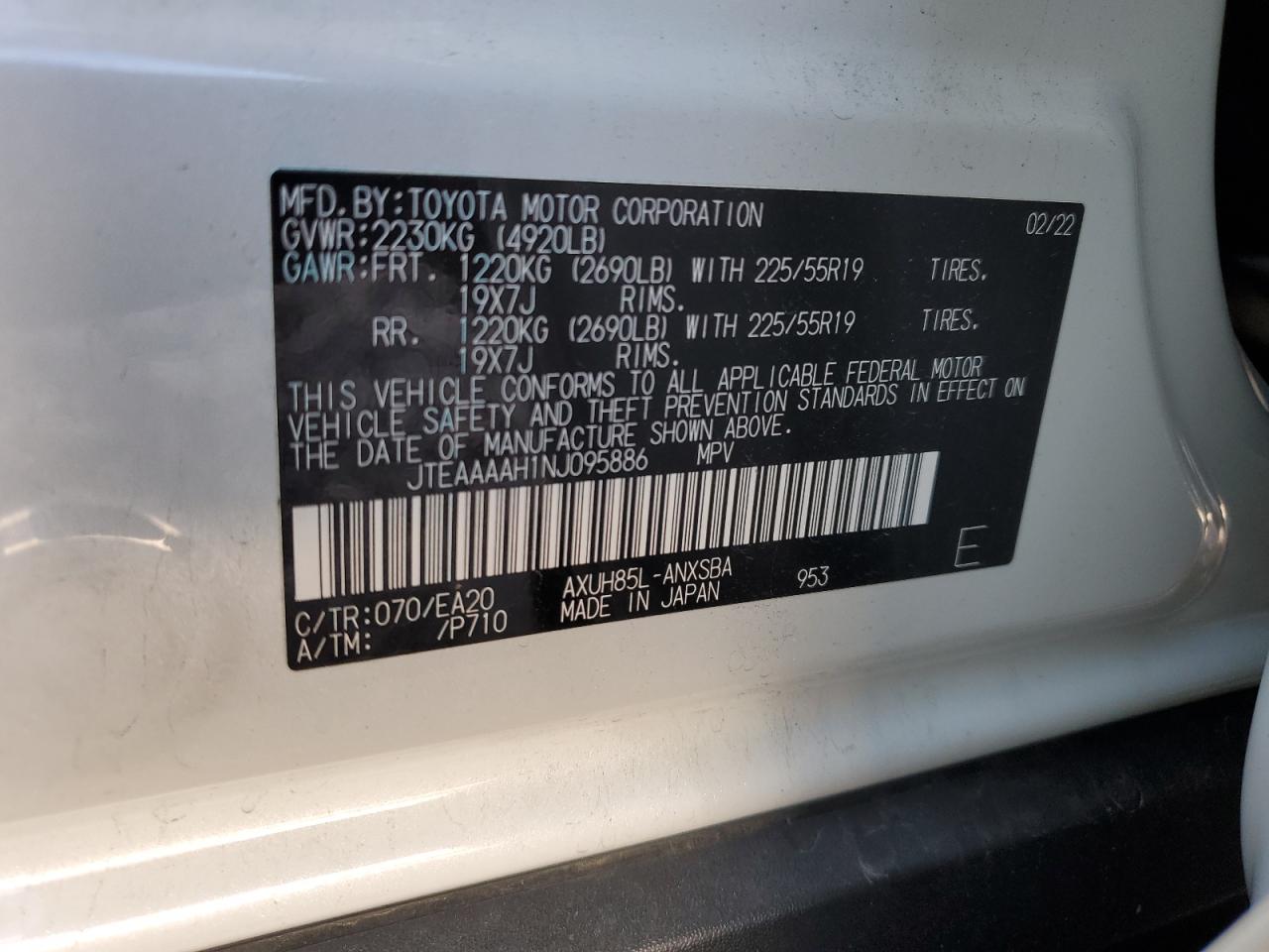 2022 TOYOTA VENZA LE VIN:JTEAAAAH1NJ095886