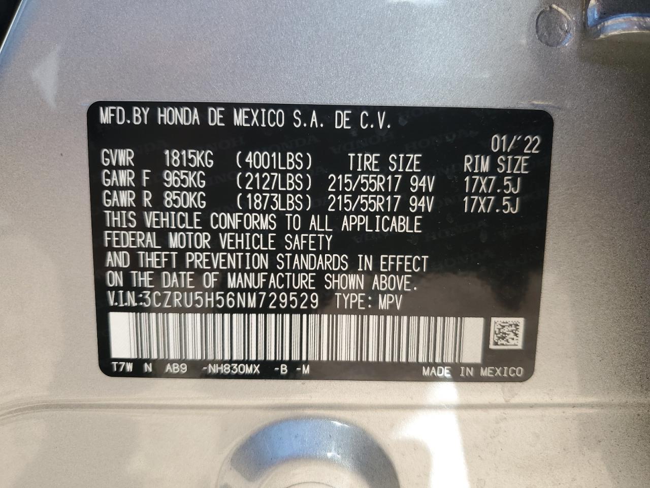 2022 HONDA HR-V EX VIN:3CZRU5H56NM729529