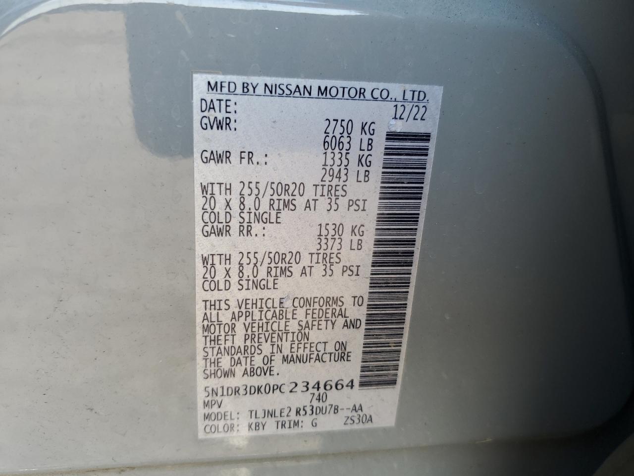 2023 NISSAN PATHFINDER PLATINUM VIN:5N1DR3DK0PC234664