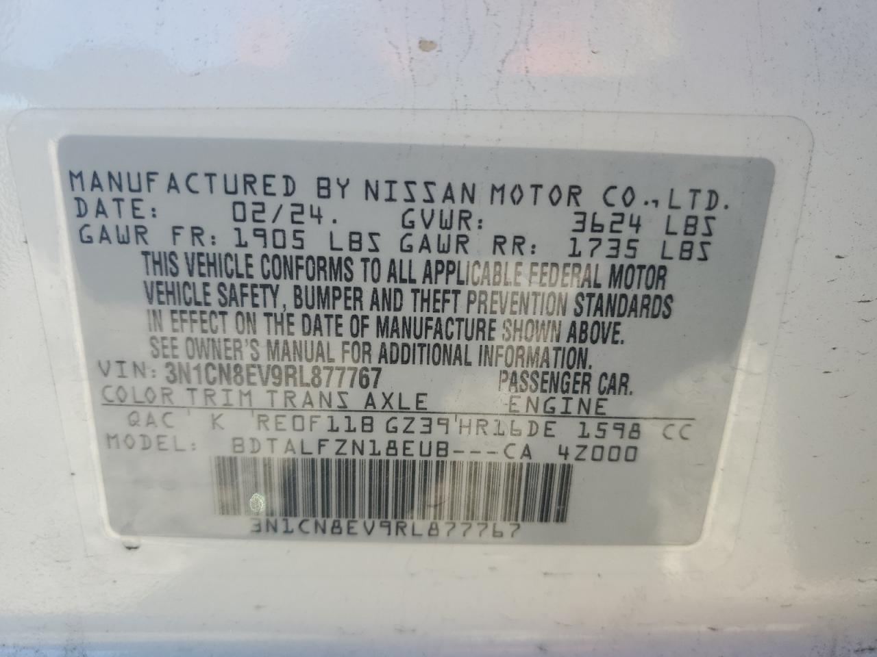 2024 NISSAN VERSA SV VIN:3N1CN8EV9RL877767