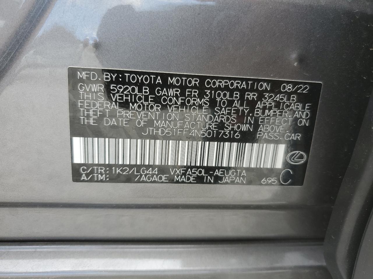 2022 LEXUS LS 500 BASE VIN:JTHD51FF4N5017316