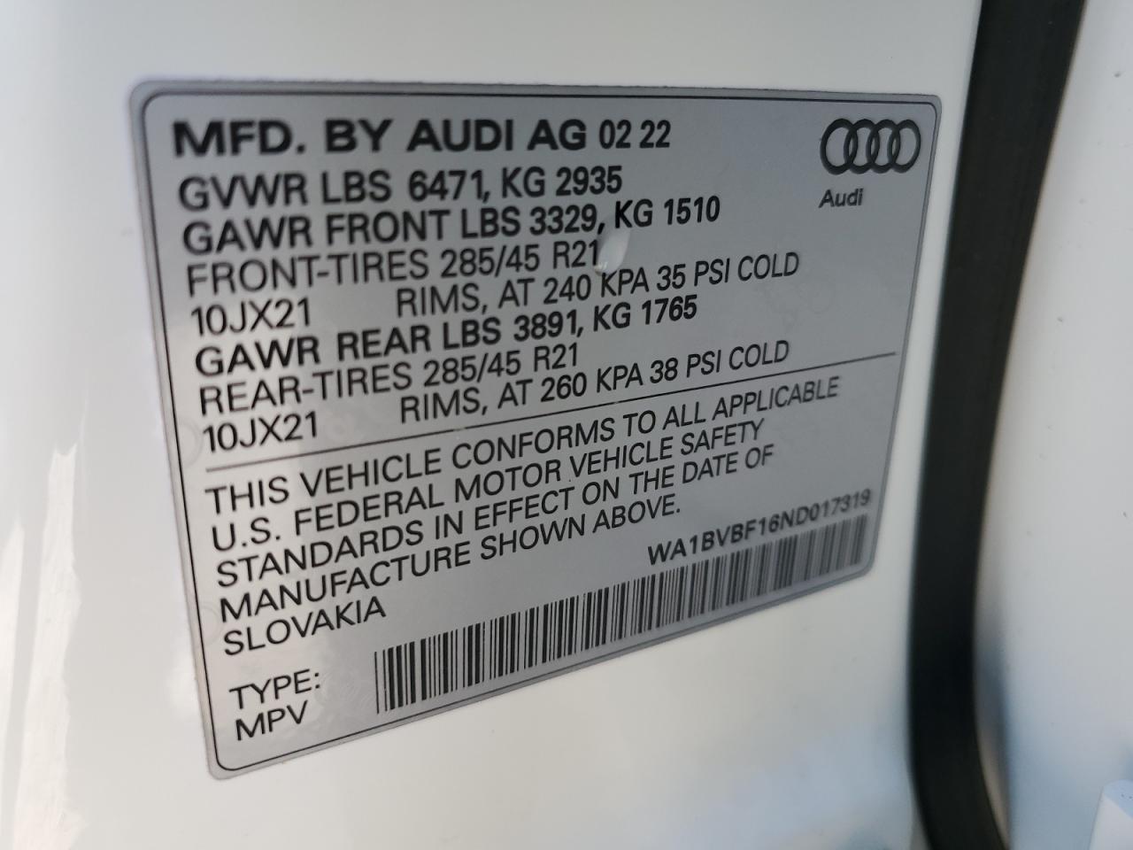 2022 AUDI Q8 PREMIUM PLUS VIN:WA1BVBF16ND017319