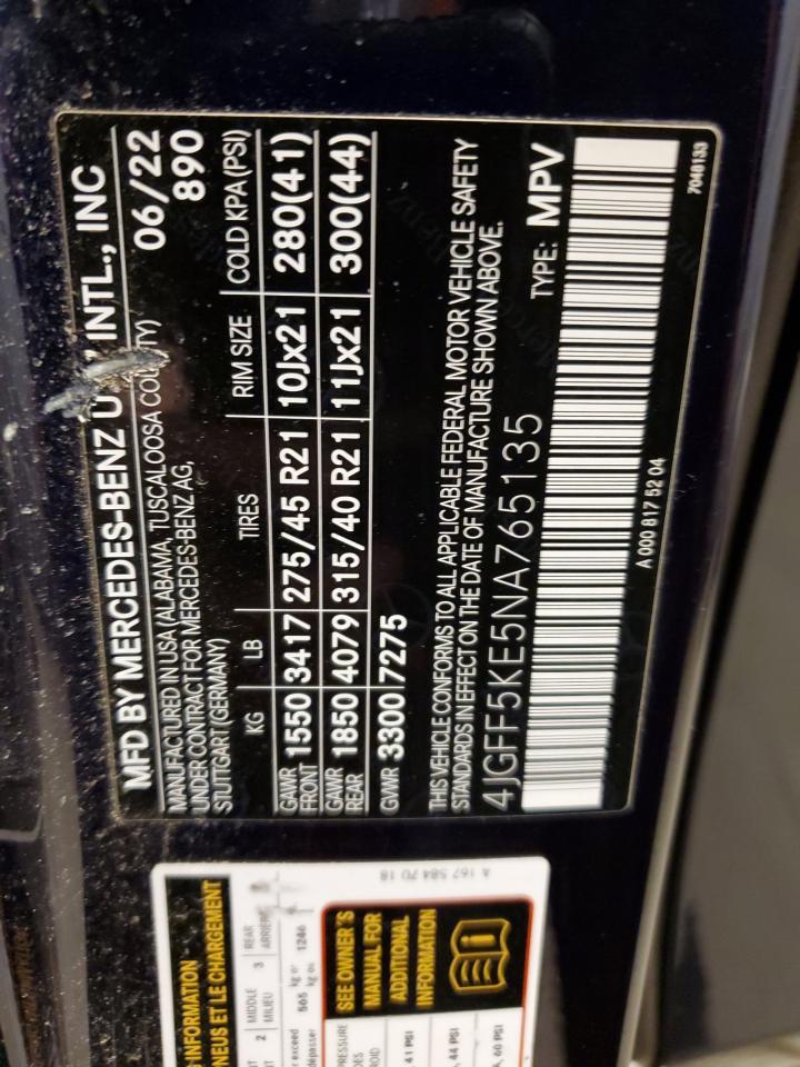 2022 MERCEDES-BENZ GLS 450 4MATIC VIN:4JGFF5KE5NA765135