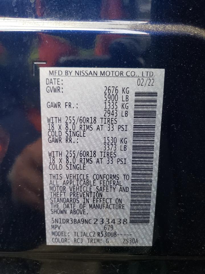 2022 NISSAN PATHFINDER SV VIN:5N1DR3BA9NC233438