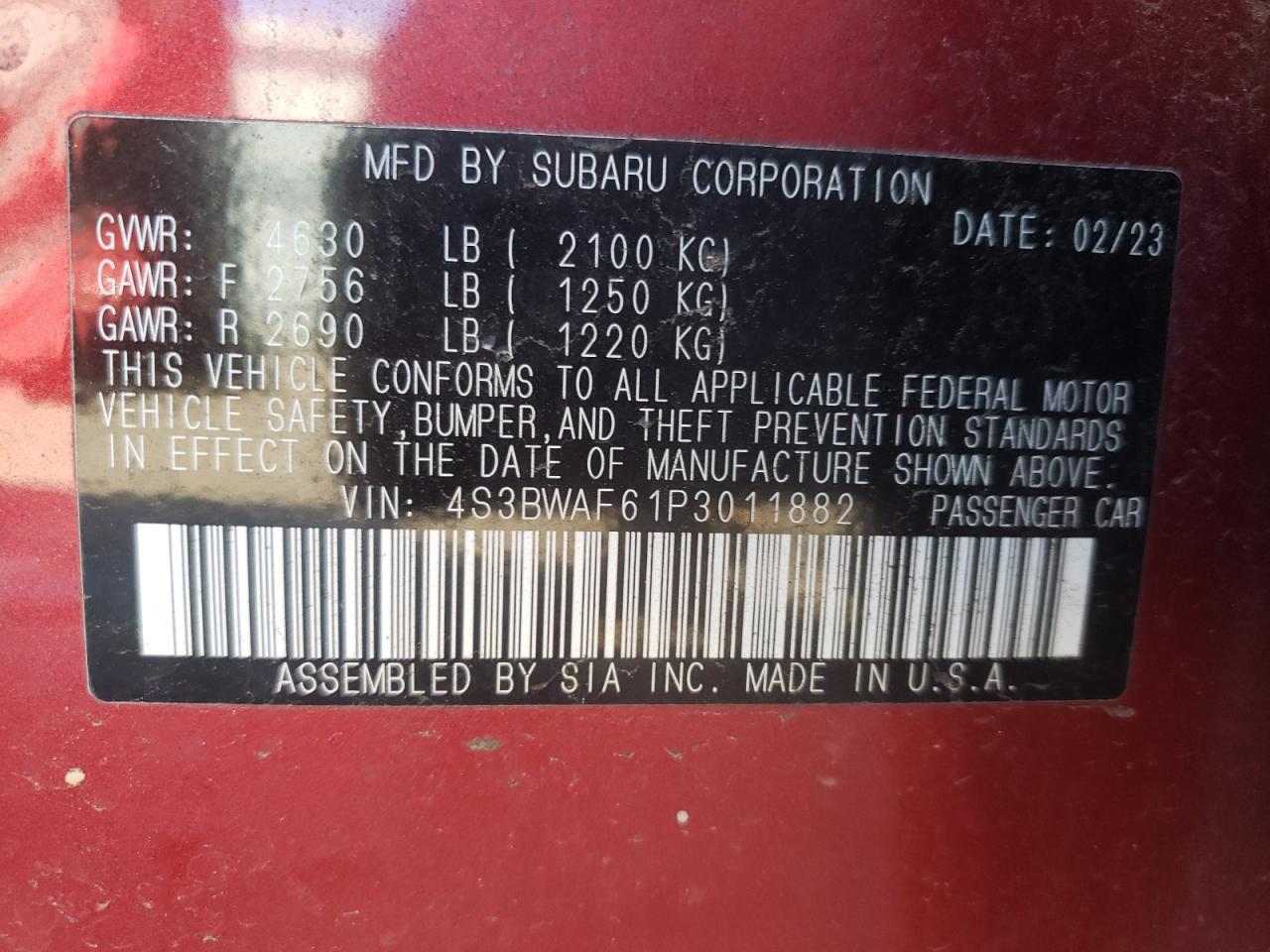 2023 SUBARU LEGACY PREMIUM VIN:4S3BWAF61P3011882