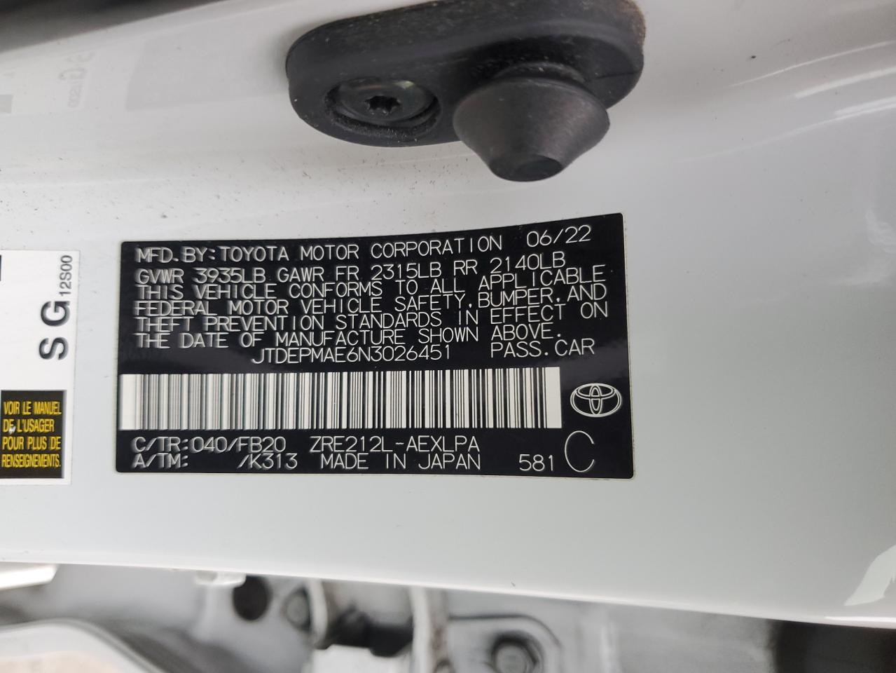 2022 TOYOTA COROLLA LE VIN:JTDEPMAE6N3026451