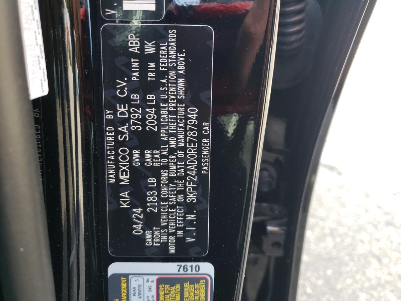 2024 KIA FORTE LX VIN:3KPF24AD0RE787940