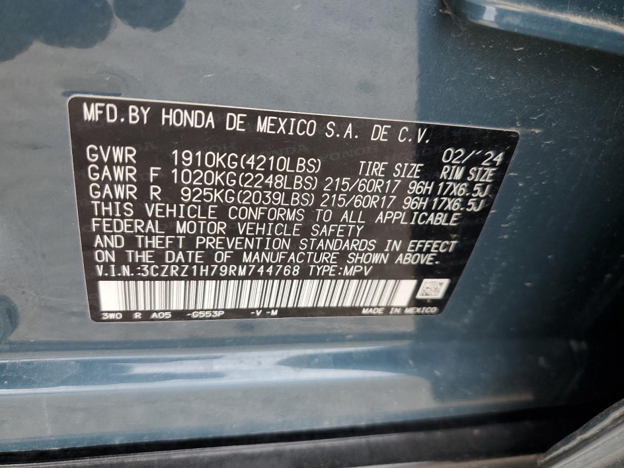 2024 HONDA HR-V EXL VIN:3CZRZ1H79RM744768