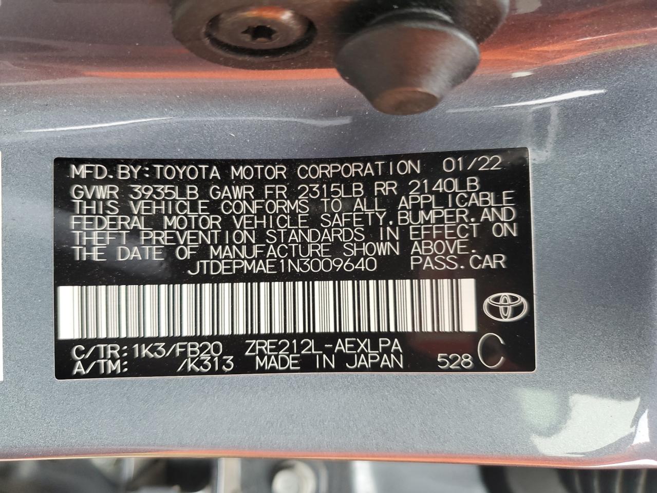 2022 TOYOTA COROLLA LE VIN:JTDEPMAE1N3009640