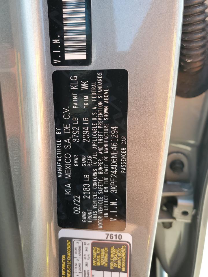 2022 KIA FORTE FE VIN:3KPF24AD6NE461294