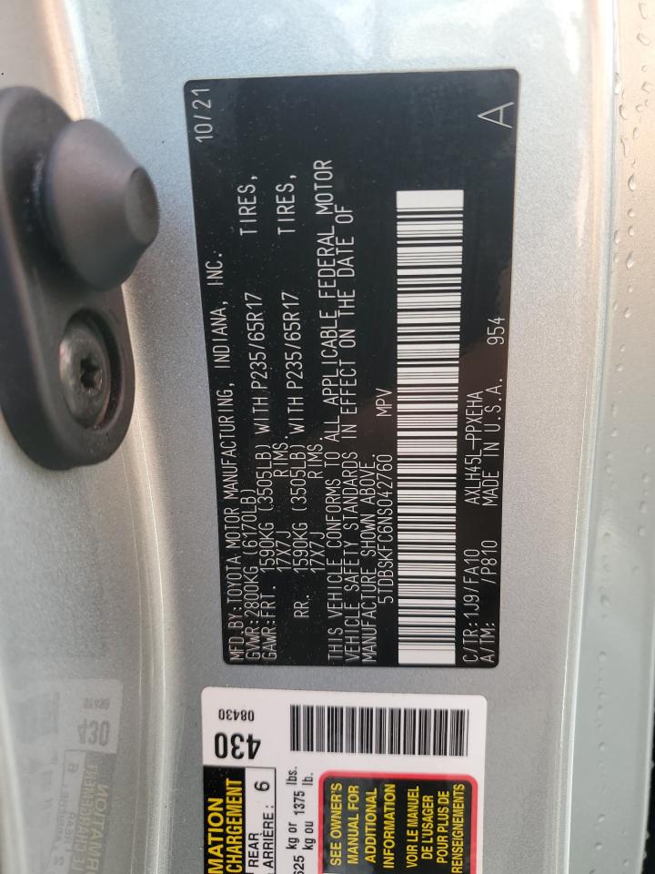 2022 TOYOTA SIENNA LE VIN:5TDBSKFC6NS042760