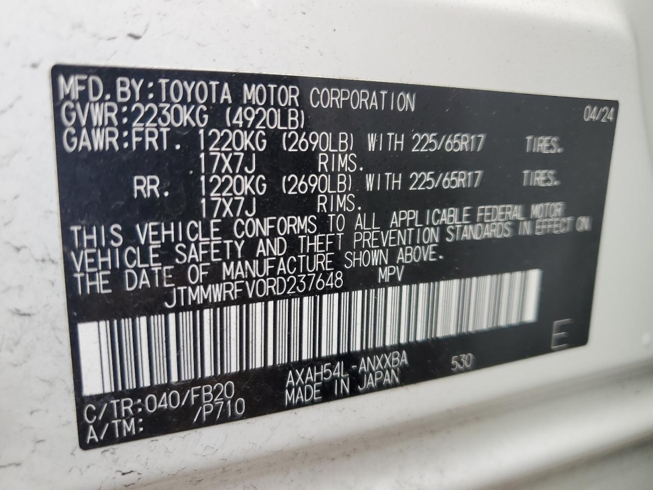 2024 TOYOTA RAV4 LE VIN:JTMMWRFV0RD237648