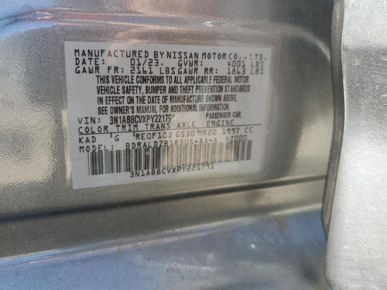 2023 NISSAN SENTRA SV VIN:3N1AB8CVXPY221791