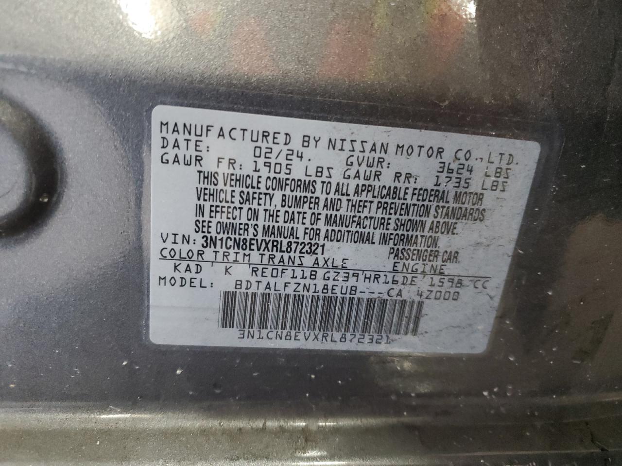 2024 NISSAN VERSA SV VIN:3N1CN8EVXRL872321