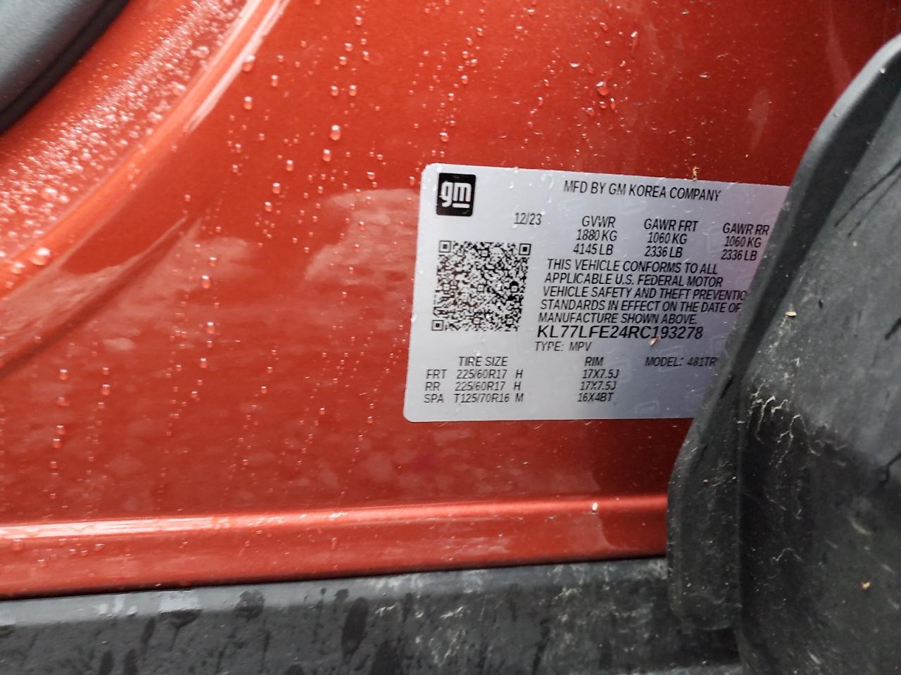 2024 CHEVROLET TRAX LS VIN:KL77LFE24RC193278