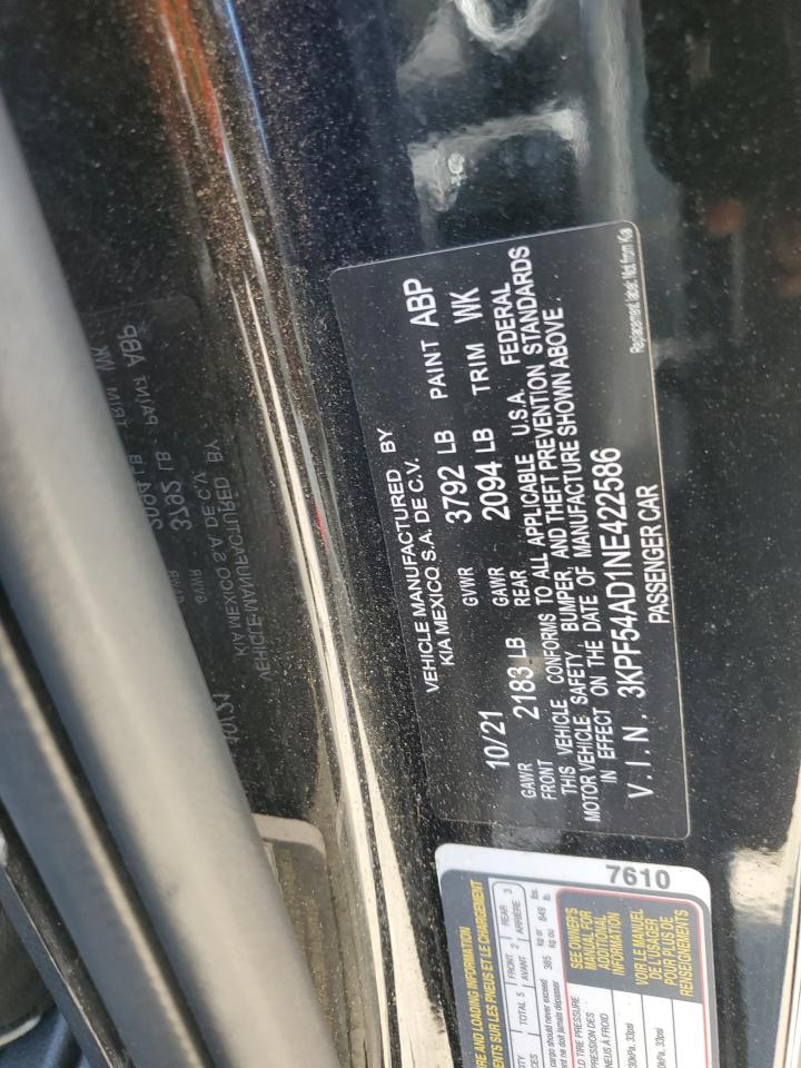 2022 KIA FORTE GT LINE VIN:3KPF54AD1NE422586