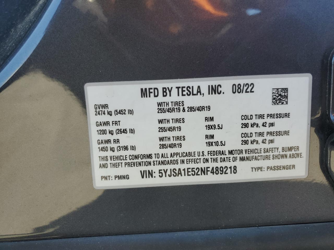 2022 TESLA MODEL S  VIN:5YJSA1E52NF489218