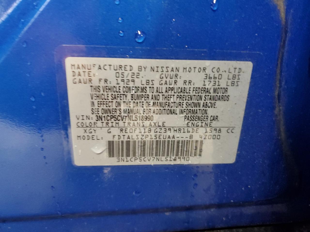 2022 NISSAN KICKS SV VIN:3N1CP5CV7NL518990