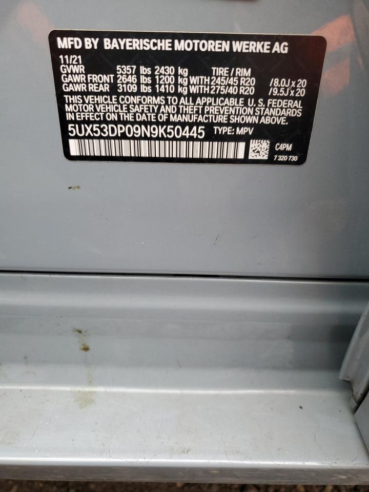 2022 BMW X3 XDRIVE30I VIN:5UX53DP09N9K50445