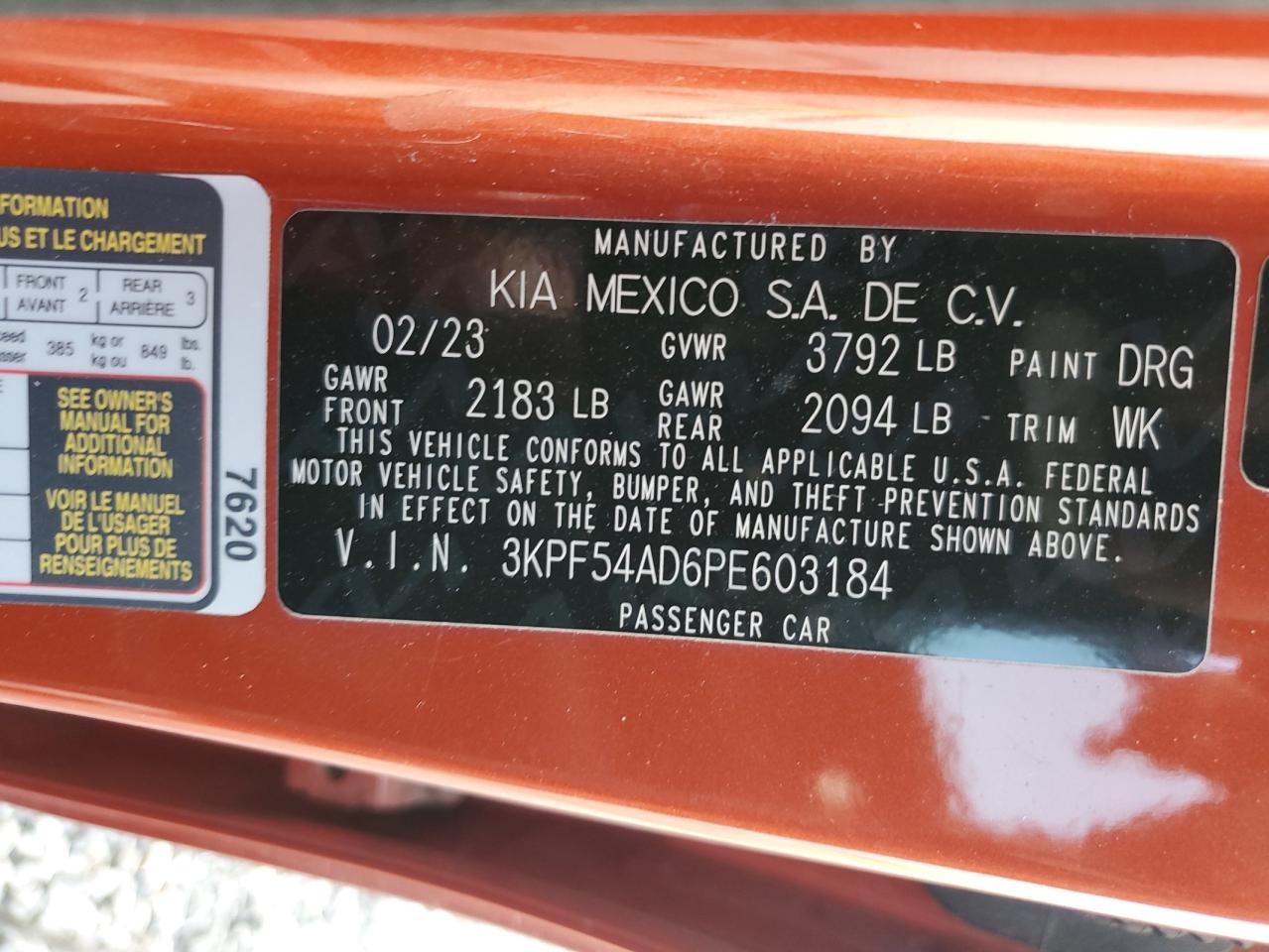 2023 KIA FORTE GT LINE VIN:3KPF54AD6PE603184