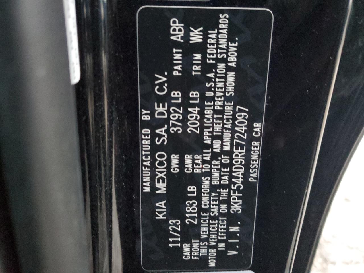 2024 KIA FORTE GT LINE VIN:3KPF54AD9RE724097