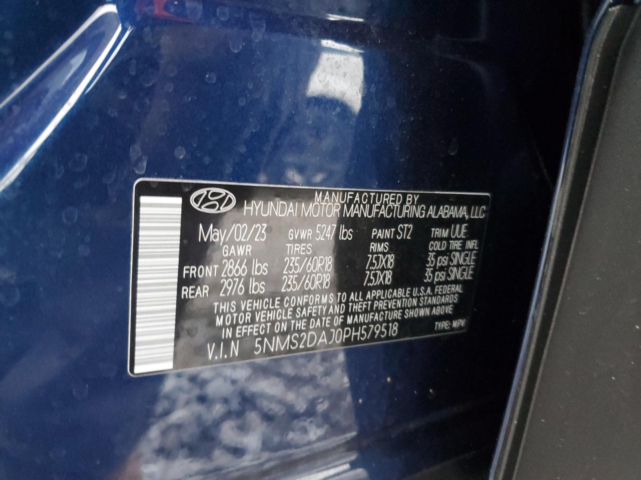 2023 HYUNDAI SANTA FE SEL VIN:5NMS2DAJ0PH579518