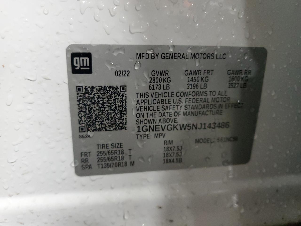 2022 CHEVROLET TRAVERSE LT VIN:1GNEVGKW5NJ143486