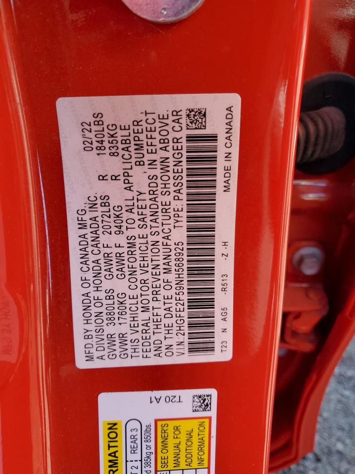 2022 HONDA CIVIC SPORT VIN:2HGFE2F59NH568925