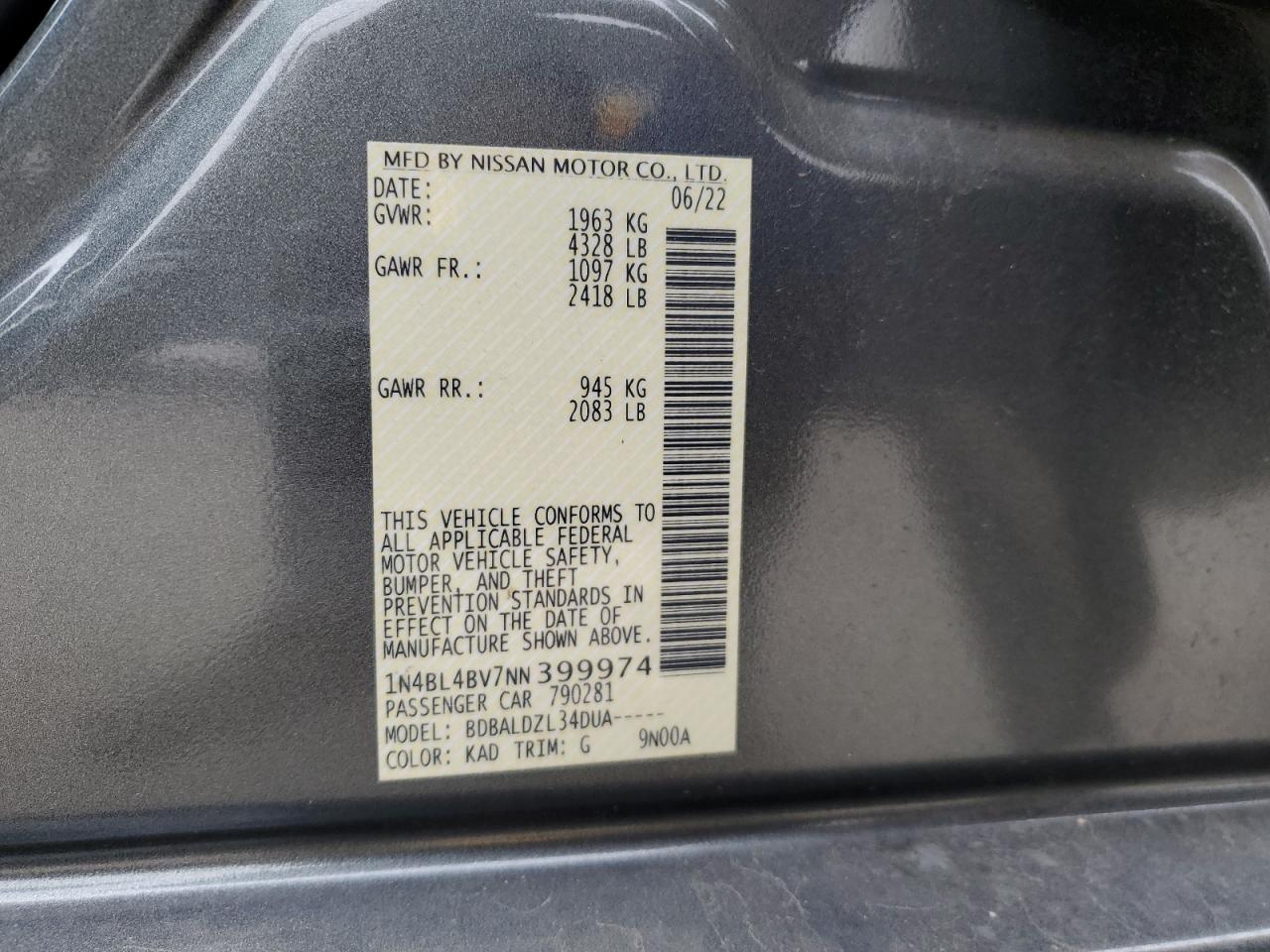 2022 NISSAN ALTIMA S VIN:1N4BL4BV7NN399974